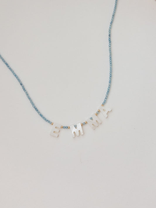 Mother of Pearl Name Necklace - Blue Aqua